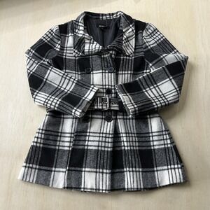 Y2K BCX Girl Coat Girls Large L Black White Plaid Wool Blend Belted Pea Coat